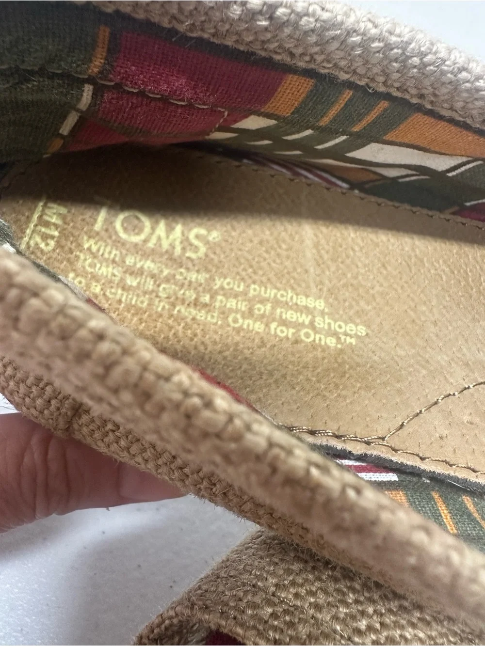 TOMS Classic Burlap Canvas Slip On Flats Plaid Lined Women’s Size 12 Tan